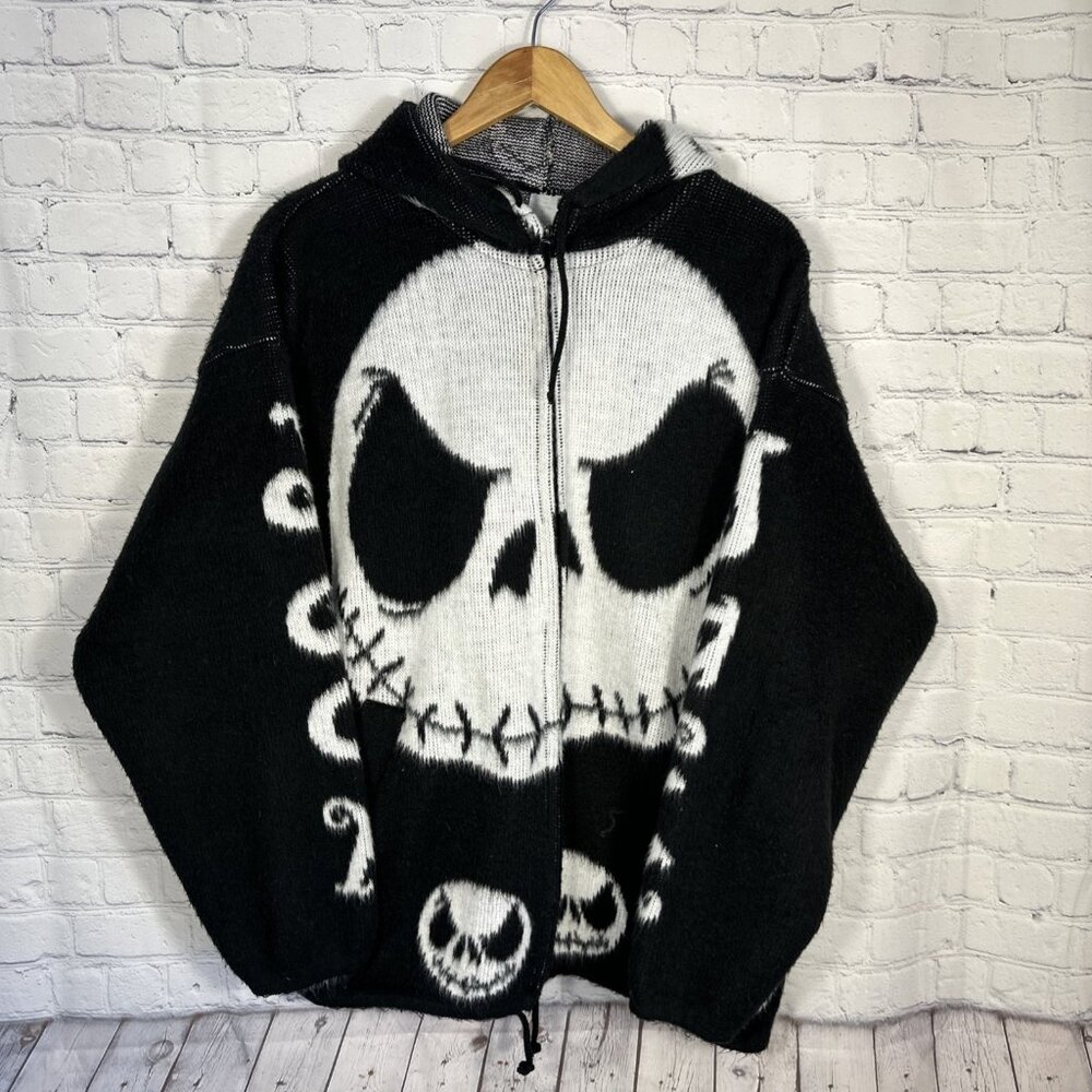 Jack Skellington Full Zip Hoodie Sweater Black Large Fuzzy Jack Sleeve Pockets